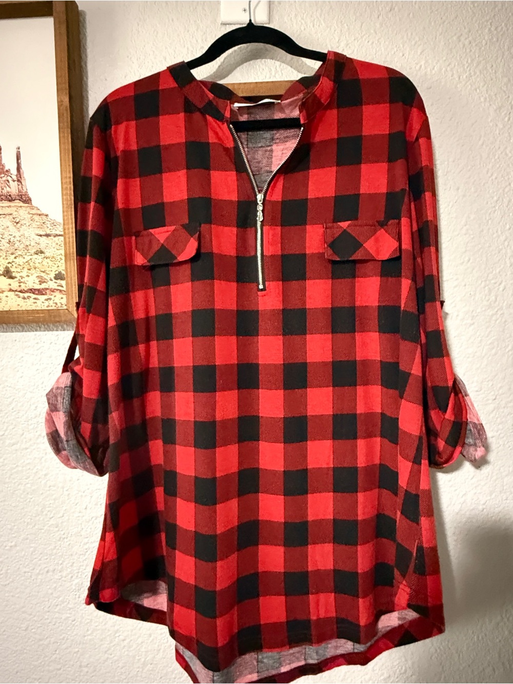 Red & Black Buffalo Plaid Zip Front Tunic Top – 3X (Fits Like 2X)